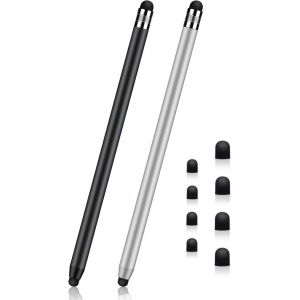 Lot De 2 Stylets 2 En 1 En Caoutchouc Pour Écrans Tactiles, Tablettes, Ipad, Iphone, Smartphones, Tous Les Appareils À Écran Tactile Universels (Noir + Argent) - Neuf