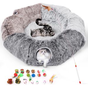 Letnerny-Grand Tunnel Pour Chat Et Lit Moelleux ¿ Grotte Intérieure Amovible Avec 20 Jouets, Tunnel En Forme De Donut Et Ensemble De Jouets Variés Pour Chaton À Mâcher Et Jouer - Neuf