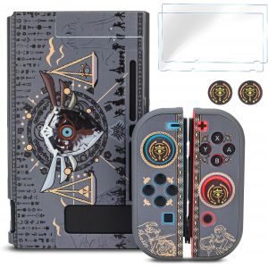 Switch Compatible Protective Case,Anti-Scratch Shockproof Hard Case with 2 Tempered Glass Screen Protectors and 4 Thumb Caps for Switch Console-Grey - Neuf