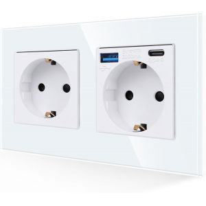 Prise double 20 W-Charge rapide en blanc-Prise Schuko en verre 16 A avec port USB et port de type C-Contact de protection encastr&eacute;-Prise murale-157 x 86 mm-250 V - Neuf