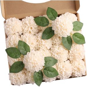 Lot de 20 fleurs artificielles de dahlia avec feuilles et tiges - Cr&egrave;me - Pour mariage, bouquets de fleurs, centres de table, d&eacute;coration d'int&eacute;rieur - Neuf