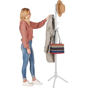 Portemanteau autoportant, avec 6 crochets et 3 tailles r&eacute;glables en bois massif, facile &agrave; assembler pour chambre, couloir, entr&eacute;e, bureau, pour chapeaux, manteaux (02 - White) - Neuf