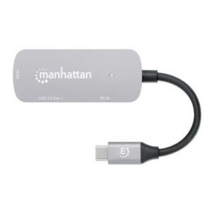 Manhattan Dock/hub USB-C, 3 ports : HDMI, USB-A, USB-C, avec Power Delivery (PD) 100 W - n&eacute;cessite un chargeur USB-C externe (non inclus). Aliment&eacute; par USB (aucune alimentation externe requise) lorsque le PD n'est pas utilis&eacute;, aluminium - Neuf