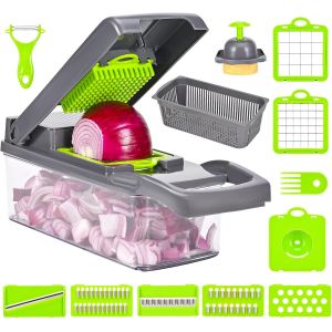 KALANKA-Coupe Legumes Multifonctions,16 En 1 Coupe Legumes Manuel,Decoupe Legumes avec 8 Lames R&eacute;glable,Coupe Legume pour Oignons Tomates Carotte Concombre - Neuf