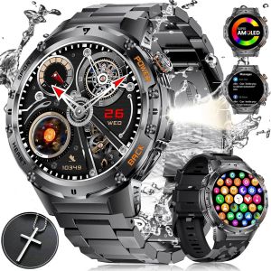 Esfoe Montre Connectée Homme Avec Torche Led,1,43"" Amoled Montre Connectée Militaire Avec 530mah Akku 5atm Étanche Fitness Tracker 132 Modes De Sport,Smartwatch Avec Appel Bluetooth Android Ios - Neuf