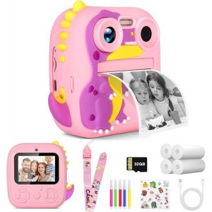 Appareil photo instantané pour enfant HD 1080P avec 4 rouleaux de papier d'impression et carte SD 32G, cordons et bracelets, double écran de 2,4 pouces, appareil photo numérique pour enfants - Neuf