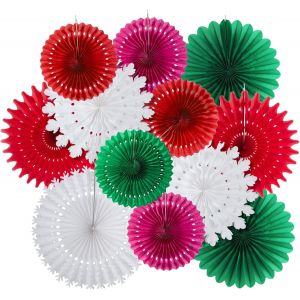 Kalanka-Easy Joy Lot De 12 Éventails En Papier Rouge Et Vert À Suspendre Pour Décoration De Fête, Mariage, Anniversaire, Table, Décoration Murale - Neuf