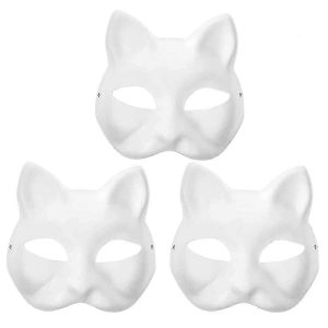 3pcs Therian Masques Chat Blanc Masques Blanc Bricolage Halloween Masque Animal,Masque Chat - Neuf