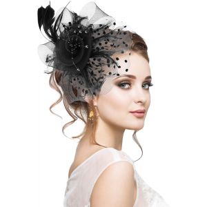 Kal-Mariage Femme Petit Chapeau, Plume Fascinator Fleur Bandeau Clip Bandeau En Maille De Voile De Plumes Pour Mariage Cocktail Photographie Derby Soirée Fête (Noir) - Neuf