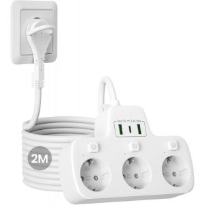 Multiprise 3 Prises avec Fiche Plate,Bloc 3 Prises Multiprise Electrique avec Interrupteur Individuel,Prise Multiprise Murale Adaptée à Prise Plate Derriere Meuble,Sécurité Enfant,Rallonge 2 m,Blanc - Neuf