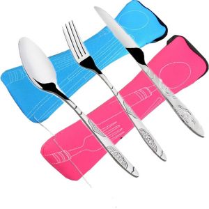 6 Pcs Coutellerie Couteaux,Fourchettes,Cuill&egrave;res,Flying_We 2 Paquets De Vaisselle L&eacute;ger En Acier Inoxydable Vaisselle Avec Sacoche Parfaite Pour Traveling Camping Picnic Working Hiking Home. - Neuf