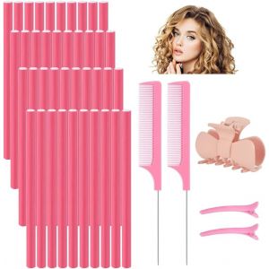 KAL-Pcs Bigoudis Flexible Cheveux Flexi Rods Cheveux En Mousse Bigoudis Twist Flex Bigoudis Magiques Avec 1 Pince 2 Brosses Et 2 Épingles À Cheveux Pour Cheveux Court Et Long, 24*1.2Cm, Rose - Neuf