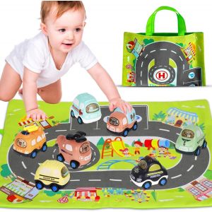 TDRFL-Enfant Jouet Voiture Pour Bébé 1 2 3 Ans,7 Pcs Bébé Jouet Voiture Pour Enfants 1 2 3 Ans Avec Tapis De Jeux Et Sac De Rangement,Jeux Voiture Enfant1 Ans,Cadeau Pour Bebe Garçons Filles - Neuf