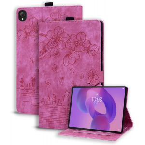 KAL-&reg; &Eacute;tui Pour Lenovo Tab K10C / E10C (10,1 Pouces) Pu Cuir Housse Flip Coque Chat Sakura Motif Avec Stand Portefeuille Protection Cas Rouge Ros&eacute; - Neuf