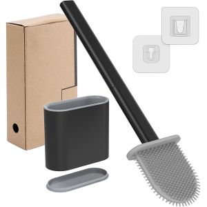 Toilet Brush Silicone,Brosse WC Plate,Ensemble de Balayette WC à Séchage Rapide,Brosse Toilette Murale avec Base à Fentes d'aération,pour la Toilette de la Salle de Bain (Noir) - Neuf