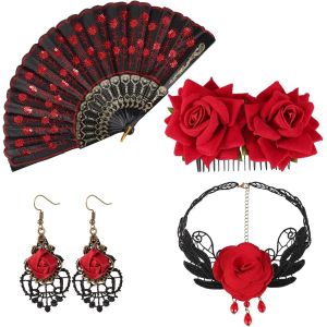 Kalvd-4pcs Ensemble Accessoires De Flamenco,Femme Pince À Cheveux Rose Rouge Paillettes Brodées Éventail De Flamenco Collier Et Boucles D'oreilles Pour Déguisement Danseuse Halloween Cosplay - Neuf
