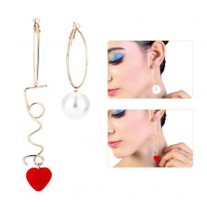 Paire De Boucles D'oreilles Asymetriques Irregulieres En Alliage Avec Pendentif En Forme De Cour Et Perle Artificielle - Neuf