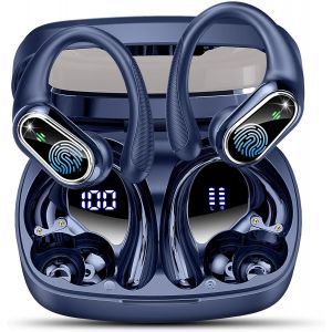 Ecouteurs Bluetooth sans Fil Sport, 50H &Eacute;couteurs Bluetooth 5.3 avec 4 Enc Mic, Ip7 &Eacute;tanche Oreillette avec Crochets d'oreille pour Courir, Casque sans Fil avec &Eacute;cran LED, St&eacute;r&eacute;o HiFi, USB C, Bleu - Neuf