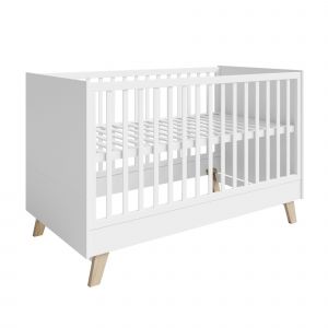 Roba Lit B&eacute;b&eacute; &Eacute;volutif Smile 70 X 140 Cm - Convertible Et Hauteur R&eacute;glable - 3 Barreaux Amovibles - Pieds En Bois De Ch&ecirc;ne - Blanc - Neuf