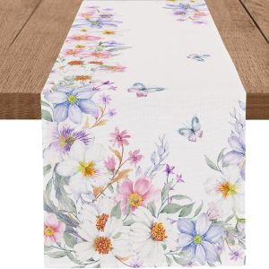 Chemin De Table Floral Printanier Et Estival De 33 X 183 Cm (13 X 72 Pouces) Avec Papillons Et Fleurs Sauvages Color&eacute;es &Agrave; L'aquarelle. D&eacute;coration De Table En Toile De Jute Pour La Cuisine Et La Sall - Neuf