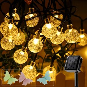 KAL-Guirlandes Lumineuses Solaires Boule De Cristal Extérieure Étanche 6,5 M / 30 Led 8 Modes Guirlandes Lumineuses Solaires Extérieures Pour Jardin, Patio, Balcon, Fêtes (Blanc Chaud) - Neuf