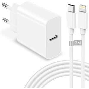 Kal-Chargeur Rapide Iphone, 25w Chargeur Usb C Rapide Avec 3m Câble Iphone, Chargeur Iphone Prise Usb C Chargeur Type C Adaptateur Secteur Alimentation Pour Apple Iphone 14 Pro Max/14 Plus/13/12 Mini - Neuf