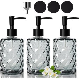 BHHBB-3 Pièces Distributeur Savon Noir, 330ml Distributeur Savon Verre, Distributeur Savon Salle De Bain, avec Entonnoir, Distributeur de Lotion pour Cuisine - Neuf