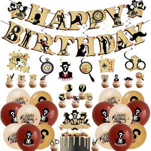 SJZG-Lot De 50 Guirlandes De Ballons D'Anniversaire D&eacute;tective Avec Banni&egrave;re Happy Birthday, Ballons Et Tourbillons Suspendus, D&eacute;coration De D&eacute;tective Pour Anniversaire D'Enfant Gar&ccedil;on Et Fille - Neuf