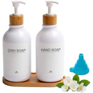 KAL-Lot De 2 Distributeurs De Savon, 500 Ml, Avec Plateau Et Étiquettes Étanches, Pour Shampoing, Lotion, Distributeur De Savon Pour La Salle De Bain Et La Cuisine - Neuf