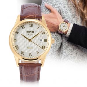 Montre-Bracelet A Quartz Analogique Ronde Pour Couple Amoureux, Bracelet En Cuir (Cadran Argente, Bracelet Cafe Pour Homme) - Neuf