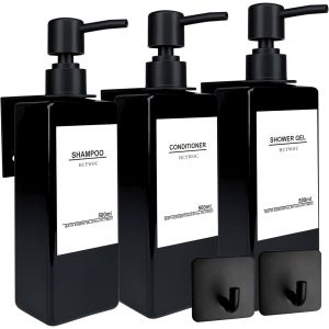 KAL-3 Pièces Distributeur Savon Mural Sans Percage, Distributeur De Savon Mural Avec 32 Étiquettes Imperméables, 500Ml Distributeur Gel Douche Mural, Distributeur Savon Salle De Bain, Noir - Neuf