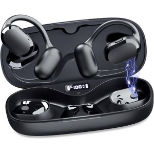 Écouteurs supra-auriculaires ouverts, IP67 Waterproof True Wiress avec Dual DSP Noise Cancelling Mic pour le travail et le sport, Bluetooth 5.4, étui de charge à écran LED, 40 heures de - Neuf