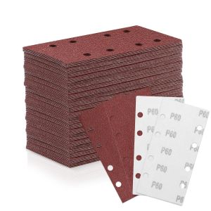 Lot De 100 Feuilles Abrasives - 93 Mm X 185 Mm - Grain 60 - 8 Trous - Papier De Verre Avec Velcro - Différents Accessoires - Matériaux Pour Ponceuse Orbitale - Neuf