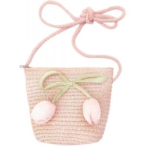RFCBC-Boheme Sac Bandoulière en Paille, Sac a Main Petite Fille avec Tulipe, Mignonne Fleur Sac Paille Fille Ete, Crossbody Bag Osier de Plage, Cadeau Petite Filles - Neuf