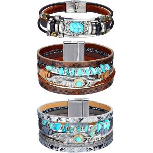 Kalsw-3pcs Bracelet En Cuir Pour Femmes,Boho Wrap Bracelets Bracelet En Cuir Bracelet En Cuir Bracelets Western Empilables Bijoux Cadeaux Pour Femmes (Or/Noir/Gris/Turquoise) - Neuf