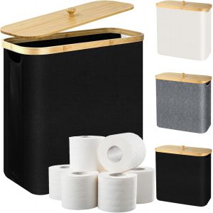 28L Boite Rangement Papier Toilette avec Couvercle en Bambou, Range Papier Toilette Pliable Organisateur de Salle de Bain &Eacute;tanche pour 9 &agrave; 12 Rouleaux, Bambou Panier Papier WC Accessoires WC (Noir) - Neuf