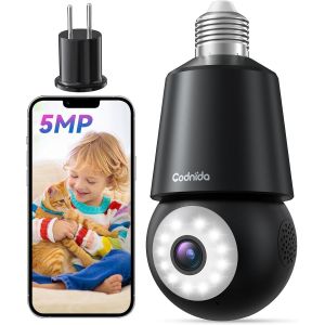 lbgwp60-5Mp Ampoule Camera Surveillance Wifi Exterieure Sans Fil - 2.4G/5Ghz Intérieur Caméra 360° Suivi Humai Intelligent Sirène Audio Bidirectionnel Vision Nocturne Couleur 24/7 Enregistrement - Neuf