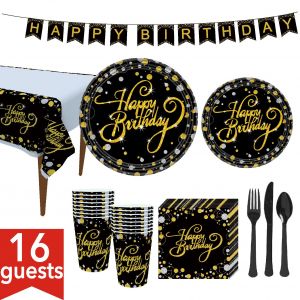 Vaisselle jetable 114 pièces : assiettes, gobelets, serviettes, banderoles, couverts, décorations de fête, ensemble de couverts jetables « Joyeux anniversaire » (noir) - Neuf