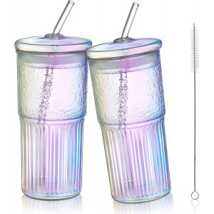 650ml Arcenciel Verre Avec Couvercle Et Paille, Juego De 2, Color&eacute;es Smoothies Milkshakes Jus De Fruits Th&eacute;, Iris&eacute;s Verre Nervur&eacute;, Grand Boire Tasses,Gobelet Bubble Tea,Passe Au Lave-Vaisselle - Neuf