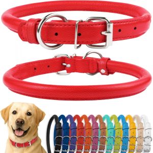 Eryi-Collier De Chien En Cuir Roulé, Collier De Chiot Rond Rembourré Doux, Collier En Cuir Véritable Fait À La Main Pour Chien Petit Grand Collier De Chat (40-45 Cm, Rouge Texturé) - Neuf
