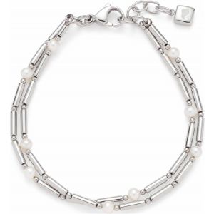 Bracelet Mirella ¿ Bracelet Double Rangée En Acier Inoxydable Argenté ¿ Perles D'eau Douce Et Tiges En Acier Inoxydable En Alternance ¿ Longueur 18,5-20,5 Cm ¿ Bijou Cadeau Pour - Neuf