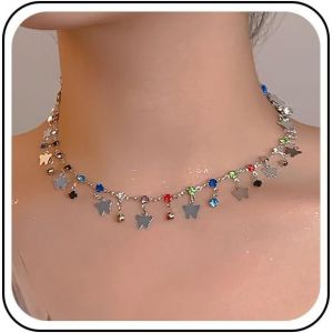 Kales-Collier Boho En Cristal Coloré Collier Ras Du Cou Arc-En-Ciel Strass Collier Dangly Argent Minuscule Papillon Dangle Chaîne Zircon Cubique Bijoux De Collier Pour Femmes - Neuf