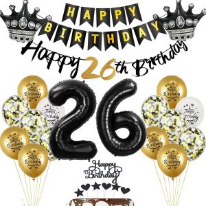 Ballons 26 Anniversaire Homme Femme Deco Noir Or Set,Deco Anniversaire 26 Ans Anniversaire Homme Femme Deco,Deco G&acirc;teau 26 Anniversaire Homme Femme Happy 26Th Birthday Guirlande Deco - Neuf