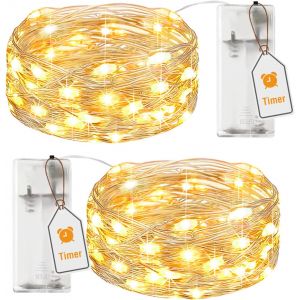 Kal-Lot De 2 Guirlande Led À Pile Avec Minuterie, 2m 20 Led Petite Fairy Lights En Fil D'argent, Ip65 Étanche Guirlande Lumineuse Pile Pour Décoration Chambre Noël Maison Halloween Blanc Chaud - Neuf
