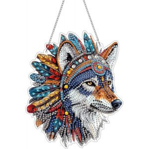 Oayew-Diy Loup Diamond Painting Pendentif, Animal Pendant Broderie Diamant Kit Avec Cha&icirc;ne, Pour Jardin Maison Porte Et Fen&ecirc;tre D&eacute;coration Cadeaux 20x20 Cm(Loup) - Neuf