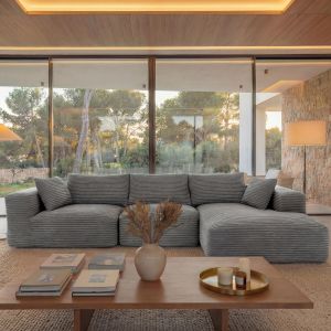 Ensemble canap&eacute; HWC-P20, canap&eacute; 3 places Canap&eacute; lounge, tissu/textile Velours (370 g/m&sup2;) Surface de couchage &agrave; droitegris clair - Neuf