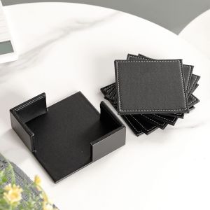 Lot De 6 Sous-Verres En Cuir Noir, Sous-Verres Carrés En Cuir Double Face, Set De Table En Cuir Pu, Sous-Verres À Café, Sous-Verres Isolants - Neuf