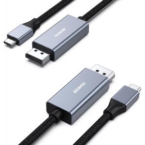 TTA-Câble USB C vers DisplayPort (4K@60Hz, 2K@144Hz), Thunderbolt 3/4 vers DisplayPort, Compatible avec MacBook Pro/Air, iPhone 16/15 Plus Pro Max, iPad Pro, Dell XPS 15, Surface Book 2, Lot de 2 - Neuf