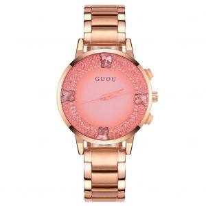 Montre Analogique A Quartz Pour Femme, Bracelet En Alliage, Grand Cadran Rond (Cadran Rose) - Neuf