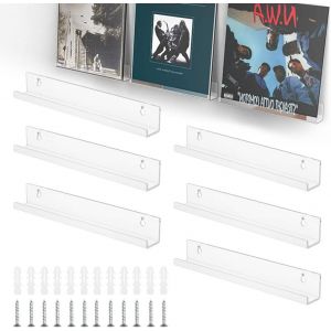 6 PCS Etagere Mural Disque Vinyle en Acrylique 30.5 * 4.4 * 4.3cm Support Mural pour Disque Vinyle Porte Disque Vinyle Mural Etagère pour Disques Vinyles avec 12 Vis et 12 Tubes d'Expansion - Neuf
